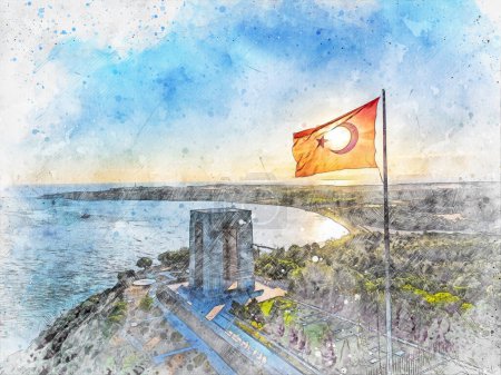 Photo for Artistic watercolor drawing Canakkale monument. - Royalty Free Image