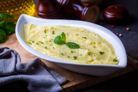 Photo for Serving of creamy mashed potato made from boiled potatoes. Turkish name; patates puresi - Royalty Free Image