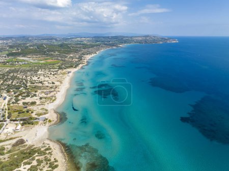 Photo for Cesme Akkum beach and cove in Turkey with aerial drone. Turkish name; Cesme Akkum Plaji - Royalty Free Image