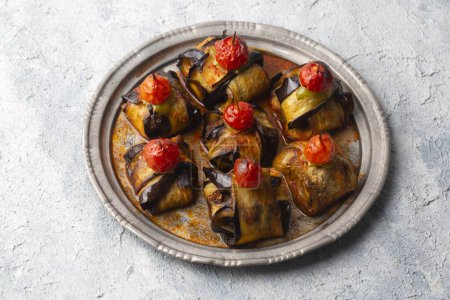 Photo for Traditional delicious Turkish food; Kofte kebab wrapped in eggplant (Turkish name; Islim - islim kebabi or kurdan kebabi) - Royalty Free Image