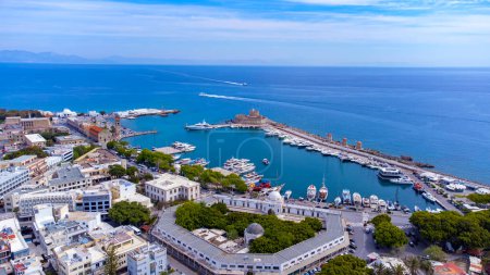 Photo for Mandraki port of Rhodes city harbor aerial panoramic view in Rhodes island in Greece - Royalty Free Image