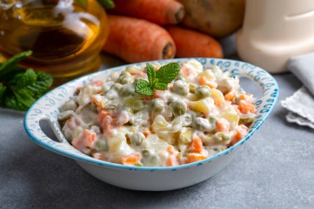 Photo for Russian salad, Olivier salad with mayonnaise and egg served (Turkish name; Rus salatasi) - Royalty Free Image