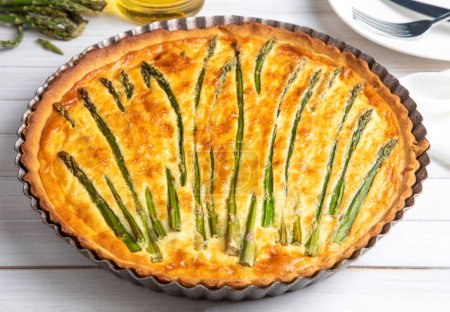 Photo for Asparagus tart, vegan quiche homemade pastry, healthy foods - Royalty Free Image