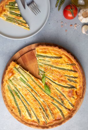 Photo for Asparagus tart, vegan quiche homemade pastry, healthy foods - Royalty Free Image