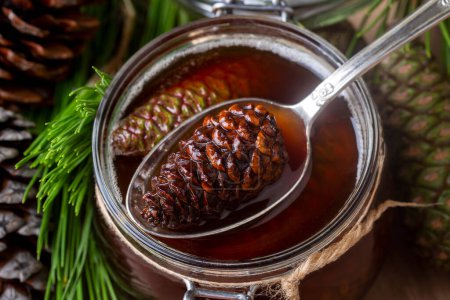 Photo for Young pine cones jam in glass bowl on wooden board. Delicious jam with the little pine cones. - Royalty Free Image