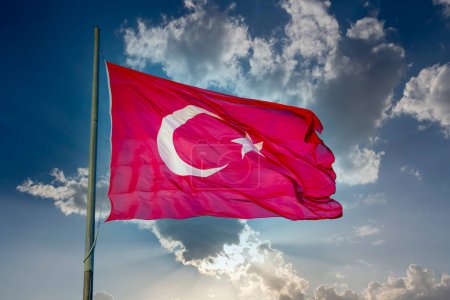 Photo for Turkey flag waving in blue cloud sky - Royalty Free Image