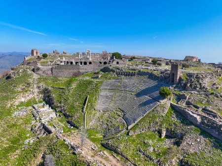 Photo for Aerial drone shooting of ancient city of Pergamon acropolis. Izmir - Turkey - Royalty Free Image