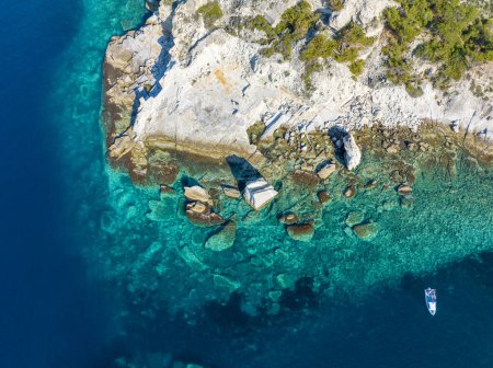 Drone photograph in the field of sail rocks in Foca district of Izmir province. Yelkenkaya - Foca
