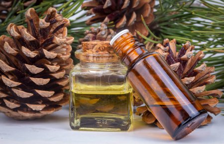 Foto de Olores de madera para aromaterapia durante el invierno. Conos de pino y ramas de abeto verde fresco, botellas de aceite esencial, vista superior - Imagen libre de derechos