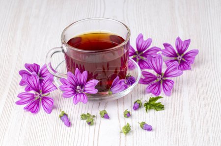 Téléchargez les photos : Mallow herbe (Malva Vulgaris) mallow fleur thé dans la tasse. - en image libre de droit
