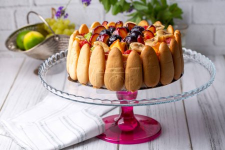 Photo for Delicious fruit cake (Turkish name; meyveli yas pasta, karisik meyveli yas pasta) - Royalty Free Image