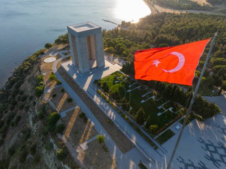 Photo for Canakkale - Turkey, Gallipoli peninsula, where Canakkale land and sea battles took place during the first world war. Martyrs monument and Anzac Cove. Photo shoot with drone in sunset landscape. - Royalty Free Image