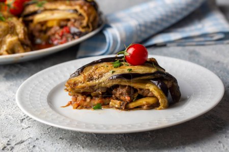 Photo for Traditional delicious Turkish food, meat eggplant dish (Turkish name; patlican kapama) - Royalty Free Image