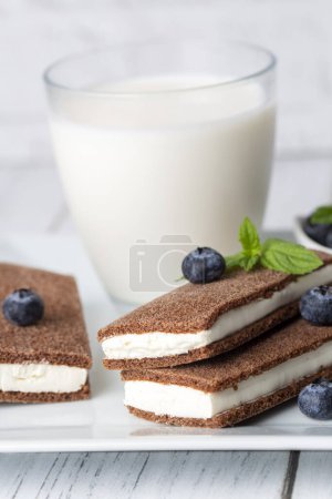 Photo for Chocolate biscuit with milk filling and berries on a plate. Chocolate-milk kids dessert. (Turkish dessert; sut dilimi) - Royalty Free Image