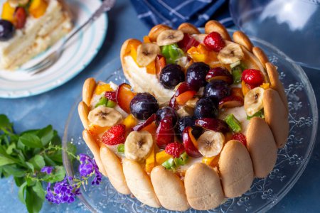 Photo for Delicious fruit cake (Turkish name; meyveli yas pasta, karisik meyveli yas pasta) - Royalty Free Image