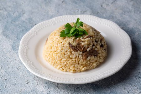 Photo for From traditional delicious Turkish cuisine; Bulgur pilaf with meat (Turkish name; etli bulgur pilavi) - Royalty Free Image
