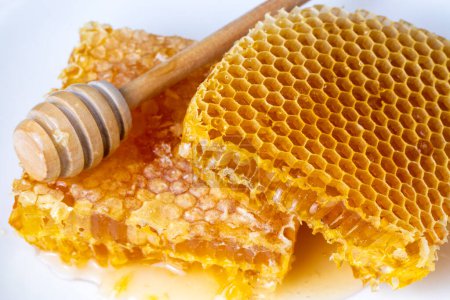 Téléchargez les photos : Sweet honeycomb isolated on white bee products with organic natural ingredients concept - en image libre de droit