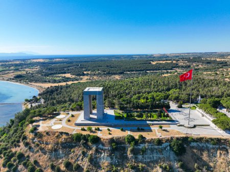 Photo for Canakkale - Turkey, Gallipoli peninsula, where Canakkale land and sea battles took place during the first world war. Martyrs monument and Anzac Cove. Photo shoot with drone in sunset landscape. - Royalty Free Image
