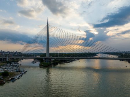 Photo for Most recent "Most na Adi" - literally Bridge over Ada - river island in Belgrade, Serbia; bridge is connecting Europe mainland with Balkans over river Sava - Royalty Free Image