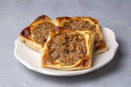 Photo for Traditional delicious Turkish foods; Kaytaz pastry with minced meat of Turkey Hatay - Antakya region (Turkish name; Kaytaz boregi) - Royalty Free Image