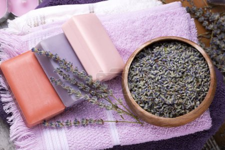 Photo for Dried lavender flowers and lavender soap - Royalty Free Image