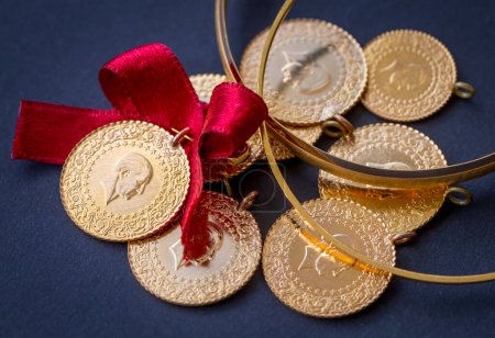 Photo for Traditional Turkish gold coins (Turkish name; Ceyrek altin) - Royalty Free Image