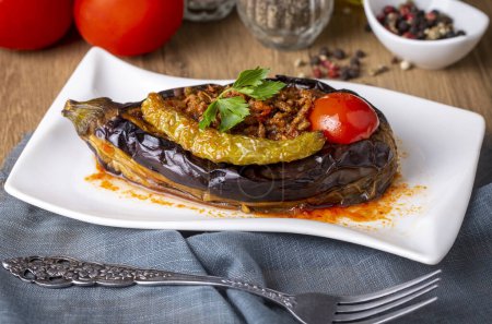 Photo for Traditional delicious Turkish food; Meat and Eggplant dish, (Turkish name; Karniyarik) - Royalty Free Image