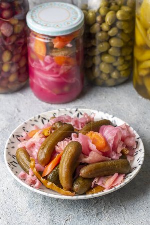 Photo for Assorted pickled vegetables in bowl/plate, Turkish name; tursu. - Royalty Free Image
