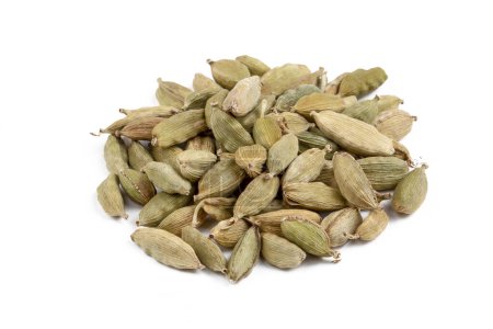 Photo for Closeup top view of dried green Elettaria cardamomum fruits with seeds, cardamom spice scattered on white background - Royalty Free Image