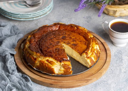 Photo for Basque burnt cheesecake homemade style, San Sebastian cake - Royalty Free Image