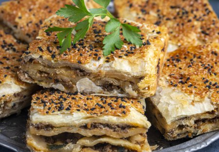 Photo for Traditional delicious Turkish cuisine, Turkish food; handmade mince pie, Turkish name; Kayseri Tandir boregi, Tandir boregi - Royalty Free Image