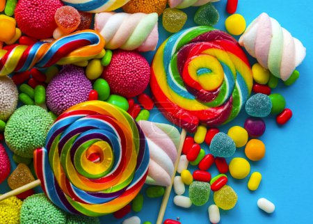 Photo for Colorful lollipops and different colored round candy. Top view. - Royalty Free Image