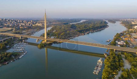 Photo for View of Ada Ciganlija from aerial drone and Most na Adi bridge over Sava River. Belgrade - Serbia - Royalty Free Image