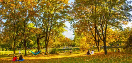 Foto de Macedonia - Skopje, 29 de octubre de 2023, Parque de la ciudad de Skopje con hojas amarillentas en los árboles en otoño - Imagen libre de derechos