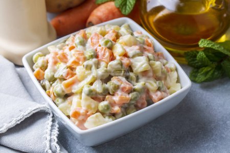 Photo for Russian salad Olivier with mayonnaise and egg served (Turkish name; Rus salatasi) - Royalty Free Image