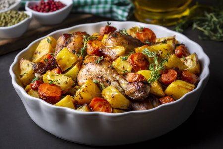 Téléchargez les photos : Baked chicken thighs and fried potatoes look delicious. - en image libre de droit