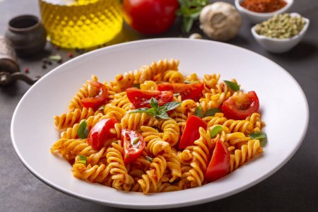 Téléchargez les photos : Pâtes Fusilli, en spirale ou en spirale avec sauce tomate - style culinaire italien. (nom turc ; domatesli burgu makarna)) - en image libre de droit