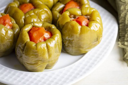 Photo for Traditional delicious Turkish food; stuffed bell peppers with meat (Turkish name; Biber dolmasi) - Royalty Free Image