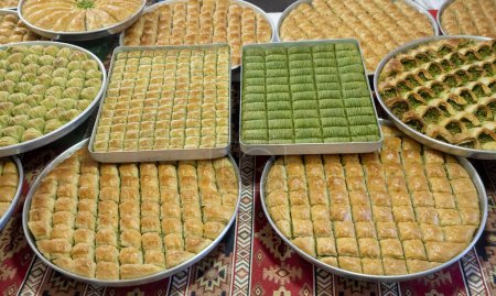Photo for Turkey Gaziantep pistachio baklava varieties, traditional desserts. - Royalty Free Image