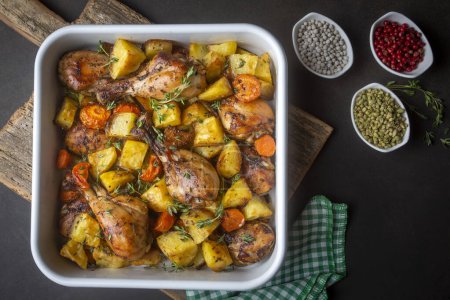 Photo for Baked chicken thighs and fried potatoes look delicious. - Royalty Free Image