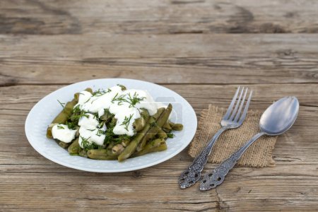 Photo for Turkish Food Broad Beans with Yogurt, Dill and Olive Oil Zeytinyagli Bakla. - Royalty Free Image