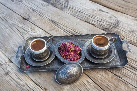 Photo for Traditional delicious Turkish coffee and Turkish rose delight dessert - Royalty Free Image