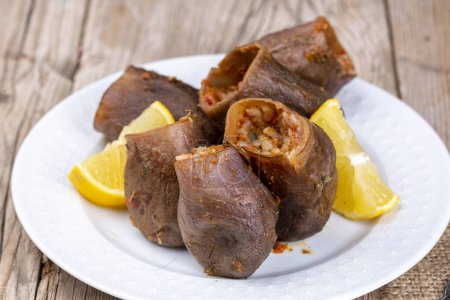 Téléchargez les photos : Aliments traditionnels délicieux turcs ; aubergines séchées farcies (nom turc ; Kuru patlican dolmasi) - en image libre de droit