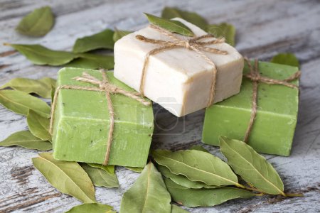 Photo for Organic natural handmade bay laurel soap with olive oil and leaves, daphne soap body care and cosmetic concept - Royalty Free Image