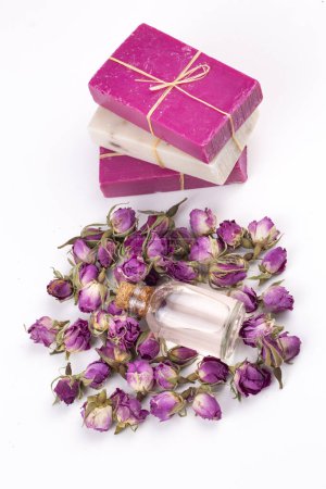 Photo for Dried pink rose flowers and rose soap - Royalty Free Image