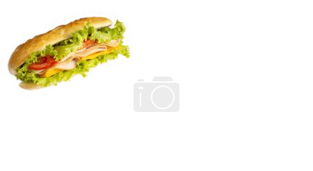 Photo for Cheese, ham, lettuce and tomato slices in an appetizing tasty sandwich. - Royalty Free Image