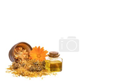 Téléchargez les photos : Calendula officinalis à base de plantes dans le verre et l'huile de goutte Isolé - en image libre de droit
