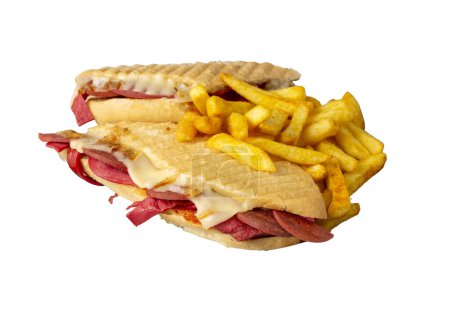 Téléchargez les photos : Delicious looking hot sandwich - toast. Sandwich with mixed toast, cheddar cheese and salami. - en image libre de droit