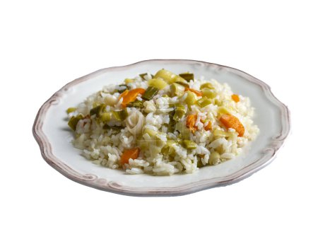 Photo for Rice with leeks from traditional Turkish cuisine - Turkish name; pirasali pirinc pilavi - Royalty Free Image