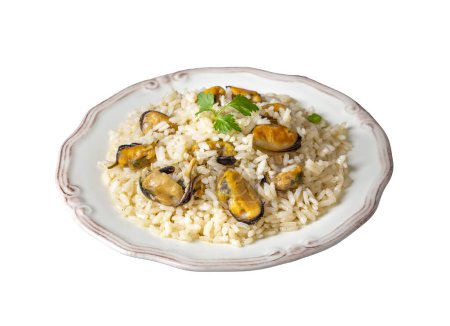 Photo for Mussel rice pilaf. Rice with mussels on small white plate on ceramic. (Turkish name; midyeli pilav) - Royalty Free Image
